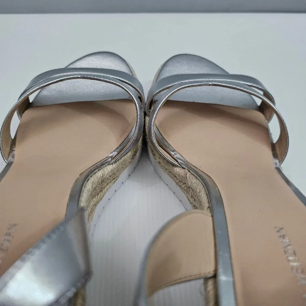 Stuart Weitzman Catalina Espadrille Wedge Sandal Size 10 Silver Leather Platform - Picture 11 of 16